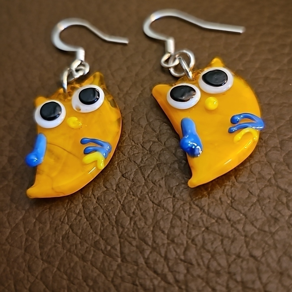 3/$30 Whimsical Yellow Glass Owl Fairycore Dangle Hook Earrings - Picture 3 of 4